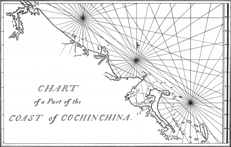 A black-and-white engraved chart: the central Vietnamese coast running diagonally across the sheet, soundings scattered across the offshore water, three compass roses throwing rhumb lines over the sea. Large lettering reads CHART of a Part of the COAST of COCHINCHINA, and in the lower right corner stand the words Fai fo and R. of Faifo.