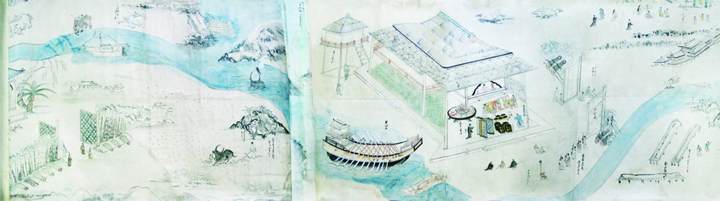 A stretch of the painted handscroll: a blue river winding through fields, a red-hulled barge in midstream, a round-roofed watchtower on the bank, an open hall with bolts of cloth and stacked goods laid out, figures kneeling in the yard, and elephants and a man with a buffalo in the distance.