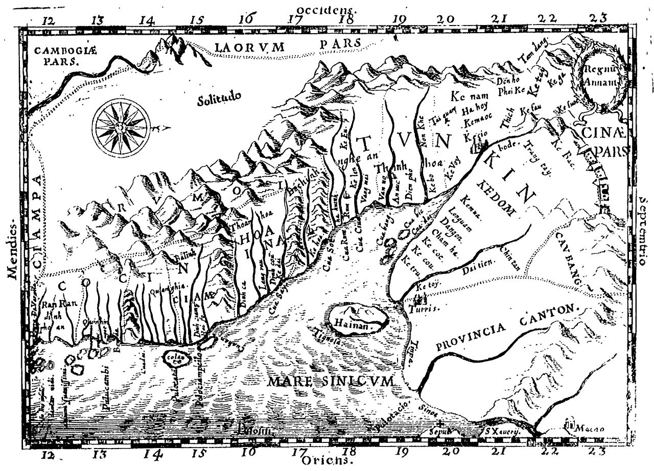 A 17th-century engraved map oriented with west at the top, labelled Regnu Annam, showing Cochinchina, Tunkin, Champa, the island of Hainan and the Mare Sinicum.