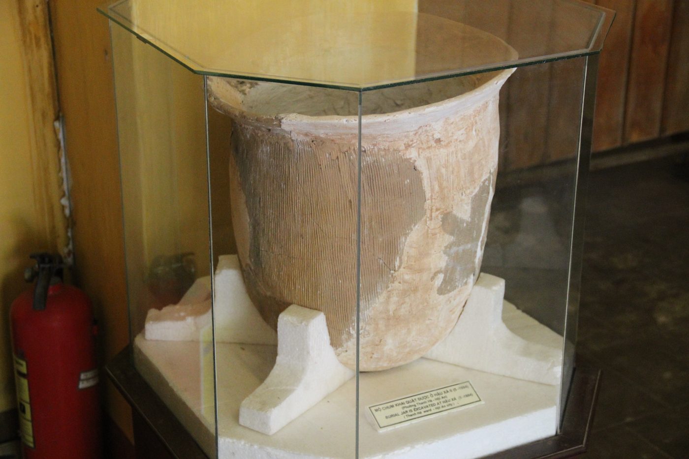 A large coarse pottery jar with a flared rim and combed vertical lines, standing on a foam cradle inside a museum vitrine, with a label at its foot reading that it was excavated at Hậu Xá II.