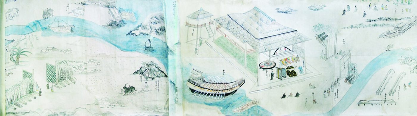 Detail of a 17th-century Japanese handscroll: a river winding past fields and hills, a merchant ship drawn up on the bank, and an open pavilion where bolts of cloth and jars of goods are laid out for inspection.