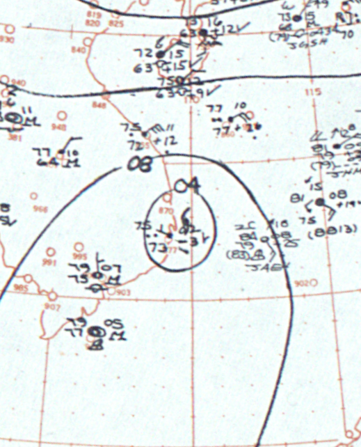 Surface weather chart for 8 November 1964, isobars coiled around the centre of Typhoon Joan as it comes ashore in central Vietnam.