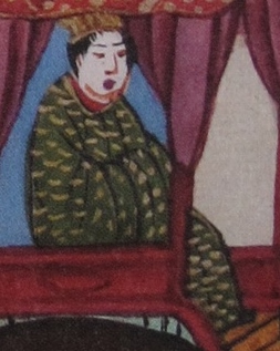 A stretch of a scroll painting: a figure seated in a festival carriage behind a red curtain, in a long green patterned robe, a small cap above black hair.